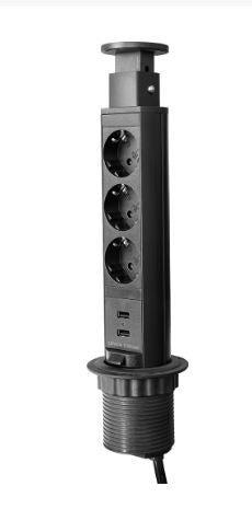 Extensão Tripla + 2x USB Oculta "POP-UP" p/ Secretárias, Balcões, Móveis ... (Preto) - ORNO