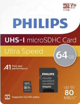 Cartão de Memória 64GB MicroSDHC Class 10 + Adaptador - PHILIPS