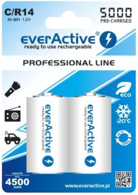 Blister 2 Pilhas Recarregaveis C / R14 NI-MH 1,2V 5000mAh (min 4500mAh) RTU - everActive