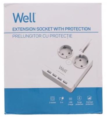 Extensão Protectora Dupla 36800W c/ 4x USB (3 mts) - WELL