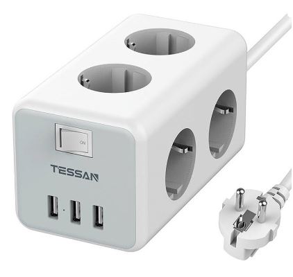 Extensão Sextupla c/ 3x Portas USB-A e Interruptor (2 mts) - TESSAN
