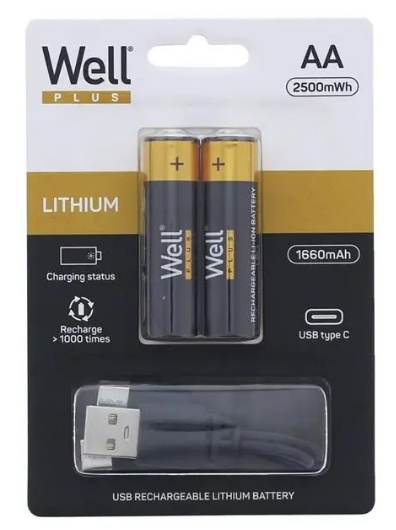 Blister 2x Pilhas AA (R6) 1.5V 2500mWh c/ Carregamento USB-C - WELL