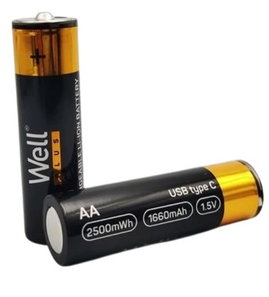 Blister 2x Pilhas AA (R6) 1.5V 2500mWh c/ Carregamento USB-C - WELL