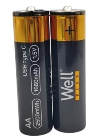 Blister 2x Pilhas AA (R6) 1.5V 2500mWh c/ Carregamento USB-C - WELL