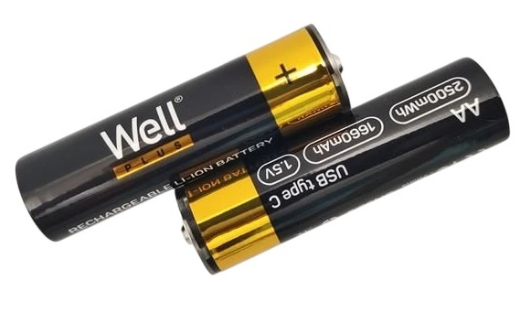 Blister 2x Pilhas AA (R6) 1.5V 2500mWh c/ Carregamento USB-C - WELL