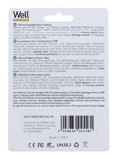 Blister 2x Pilhas AA (R6) 1.5V 2500mWh c/ Carregamento USB-C - WELL