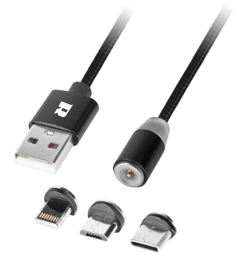 Cabo Magnético USB2.0 A Macho -> "3-EM-1" Lightning Apple, USB-B e USB-C (1 metro) - REBEL