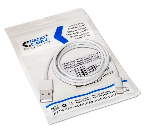 Cabo USB2.0 A Macho -> Lightning iPhone Macho (1 metro) Branco - Nanocable