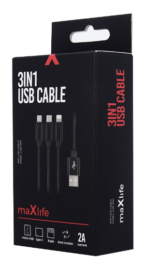 Cabo USB A Macho "3-EM-1" -> iPhone 8 Pin Lightning / Micro USB / USB C Fast Charge 2.1A - MAXLIFE