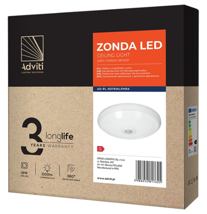 Candeeiro Plafon em LED 16W Branco 4000K 1100Lm c/ Sensor Movimento 360º - ADVITI