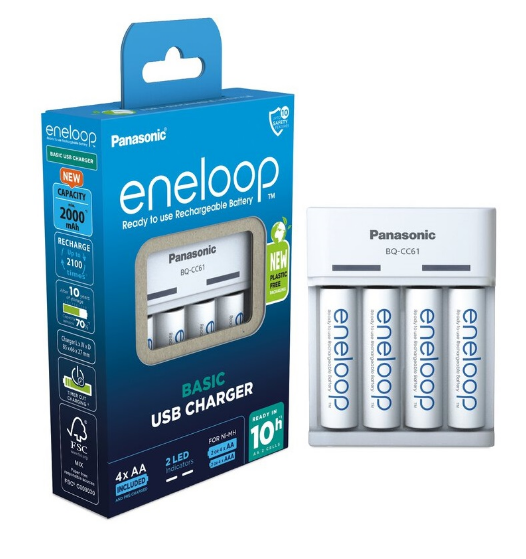 Carregador USB + 4 Pilhas Recarregáveis AA 2000mAh Eneloop - PANASONIC