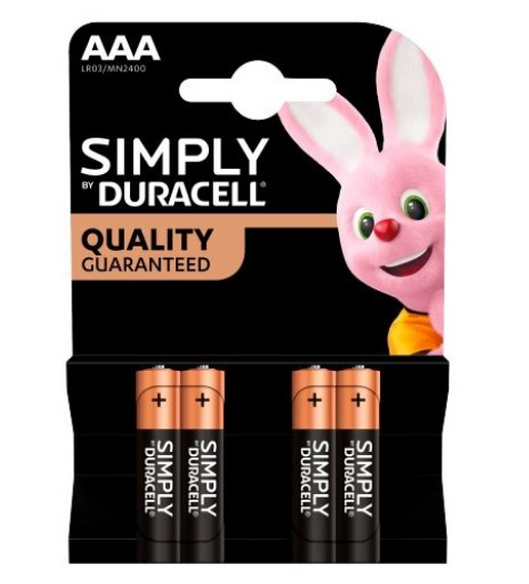 Blister 4 Pilhas Alcalinas 1,5V LR03 AAA - Duracell SIMPLY