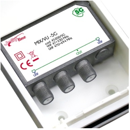 Misturador Antena 1 Entrada VHF / 1 Entrada UHF c/ Filtro 5G - JollyLine