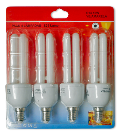 Pack 4x Lampadas Economizadoras E14 220V 2U 15W Branco Q. 3000K 825Lm