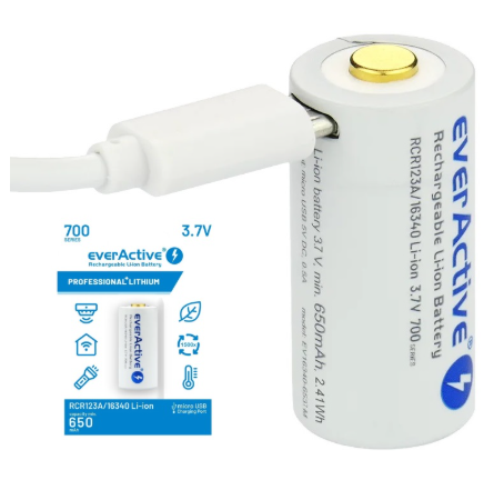 Pilha Lithium 16340 (CR123) 3,7V 650mAh Recarregável p/ microUSB c/ LED de Estado - everActive
