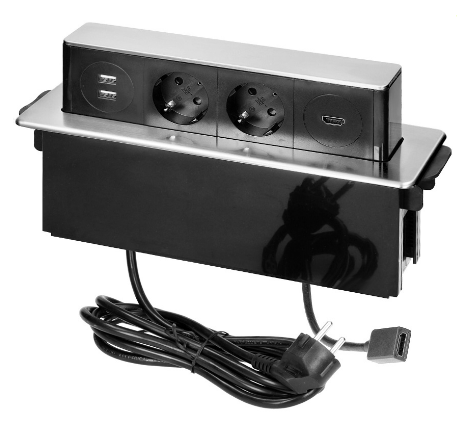 Extensão Dupla Oculta "POP-UP" c/ Portas 2x USB-A + HDMI p/ Secretárias, Balcões (Inox) - ORNO