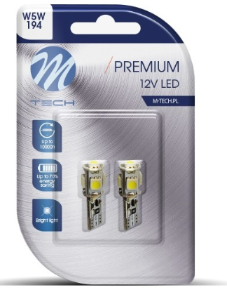 Blister 2x Lampadas T10/W5W 5 LEDs SMD 12V Branco 6000K (CANBUS) - M-TECH