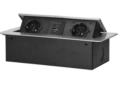 Extensão Dupla Oculta "POP-UP" c/ Porta UBS-A e USB-C p/ Secretárias, Balcões (Prateado) - ORNO