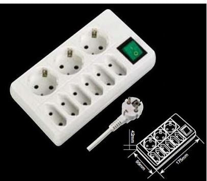 Base 3 Tomadas Schucko, 6 Tomadas Euro + Interruptor (3 mts)