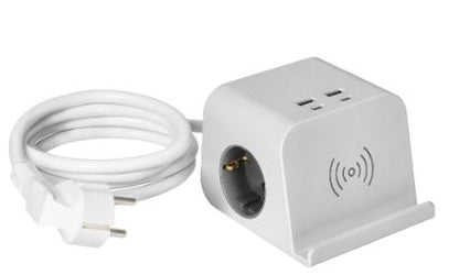 Extensão Dupla c/ 4 USB (2xUSB-A + 2xUSB-C) e Carregador Qi Indução 1,4 mts (Branco) - ORNO