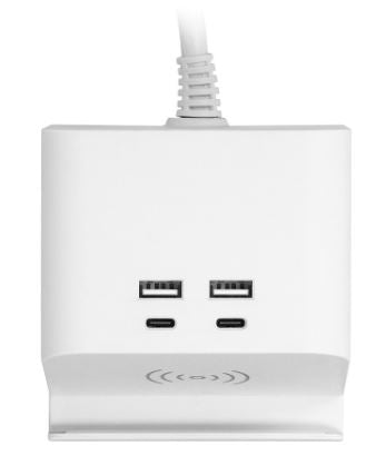 Extensão Dupla c/ 4 USB (2xUSB-A + 2xUSB-C) e Carregador Qi Indução 1,4 mts (Branco) - ORNO