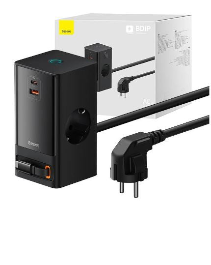 Tomada Elétrica PowerCombo c/ 2x Tomadas CA + 2x USB-C + 1x USB-A 65W (Preto) - BASEUS