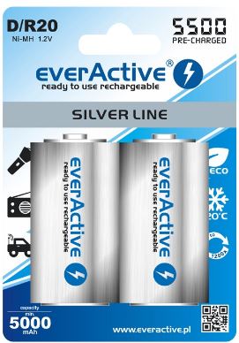 Blister 2 Pilhas Recarregaveis NI-MH - D / R20 1,2V 5500mAh (min 5000mAh) RTU - everActive