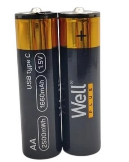 Blister 2x Pilhas AA (R6) 1.5V 2500mWh c/ Carregamento USB-C - WELL