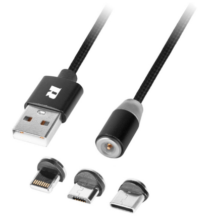 Cabo Magnético USB2.0 A Macho -> "3-EM-1" Lightning Apple, USB-B e USB-C (1 metro) - REBEL