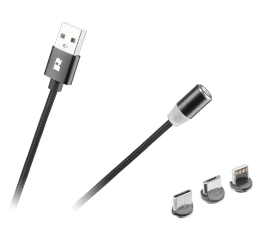 Cabo Magnético USB2.0 A Macho -> "3-EM-1" Lightning Apple, USB-B e USB-C (1 metro) - REBEL