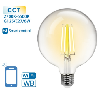 Lâmpada LED Inteligente E27 G125 Filamento Smart Wi-Fi 220V 6W 2700K ~ 6500K 850Lm (Transparente)