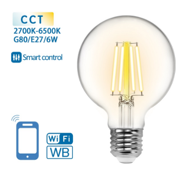 Lâmpada LED Inteligente E27 G80 Filamento Smart Wi-Fi 220V 6W 2700K ~ 6500K 850Lm (Transparente)