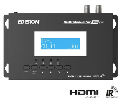 Modulador HDMI "3-EM-1" Pro p/ DVB-T/DVB-C/ISDB-T c/ Loop-through HDMI e IR Tx - EDISION