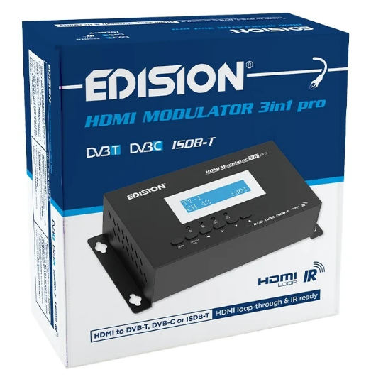 Modulador HDMI "3-EM-1" Pro p/ DVB-T/DVB-C/ISDB-T c/ Loop-through HDMI e IR Tx - EDISION
