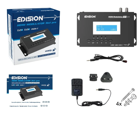 Modulador HDMI "3-EM-1" Pro p/ DVB-T/DVB-C/ISDB-T c/ Loop-through HDMI e IR Tx - EDISION