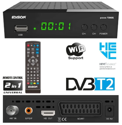 Receptor DVB-T2/C (TDT+Cabo) H.265 Full HD c/ USB - EDISION PICCO T265+