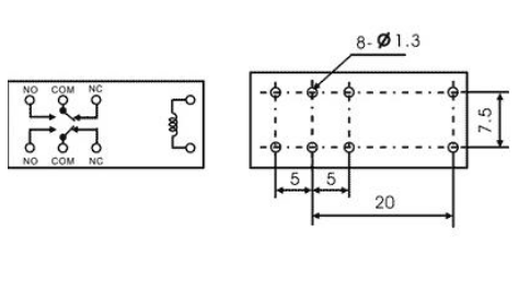 Relé DC3V 176.5mA, DPDT 5A, PCB - Rayex