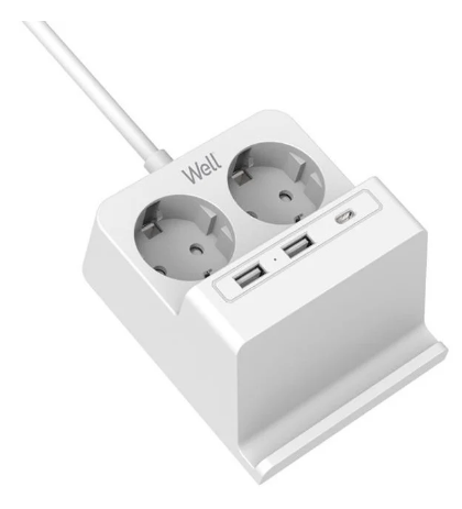 Extensão Protectora Dupla 36800W c/ 2x USB e 1x USB-C + Carreg. Indução c/ Suporte (2 mts) - WELL