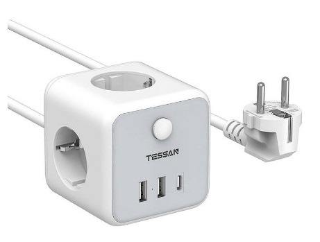 Extensão Dupla c/ 2 Portas USB-A e 1 Porta USB-C (Branco) - TESSAN
