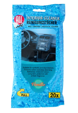 Pack 20x Toalhitas Limpeza p/ Interiores Veiculos (Baunilha) - ALL Ride